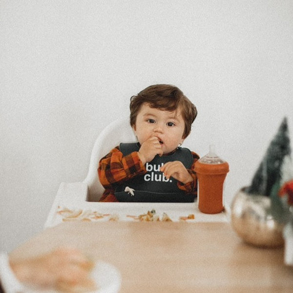 lifestyle image of baby boy wearing a silicone food catcher bib at a high chair with white text that says 'bub club.'