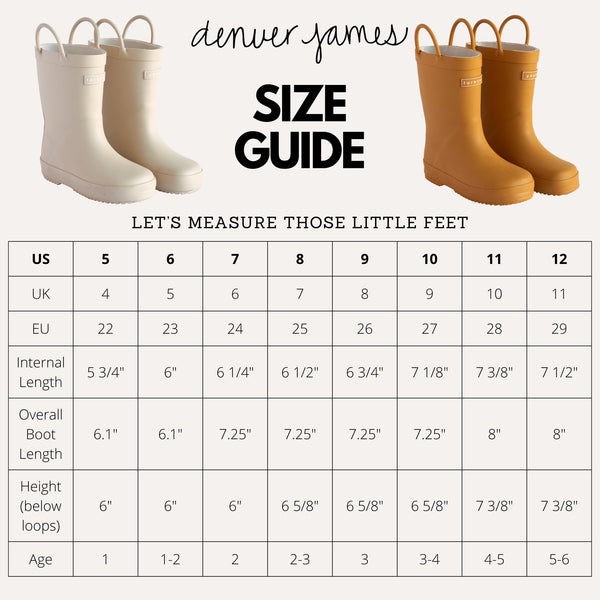 Size guide for Denver James Rain boots feature dimensions and US, UK and EU sizes from 5 to 12 in US.