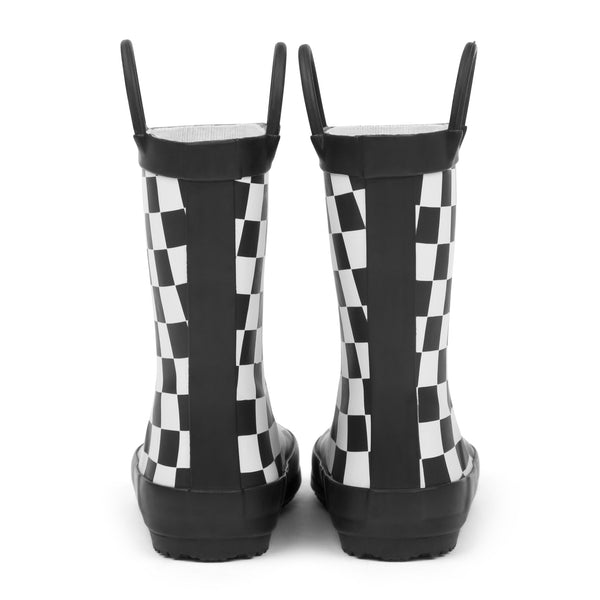 Back view of Black and white checkered children's rain boots on a white background.