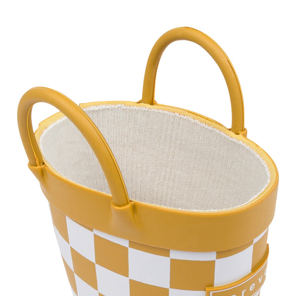 Detail view of golden and white checkered children's rain boots with with pull handles for easy slip on and soft lining on a white background.
