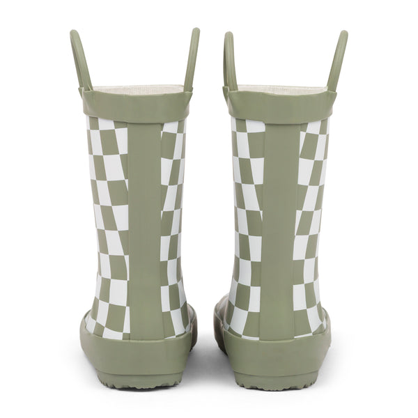 Back view of green and white checkered children's rain boots with grip handles for easy slip on, on a white background.