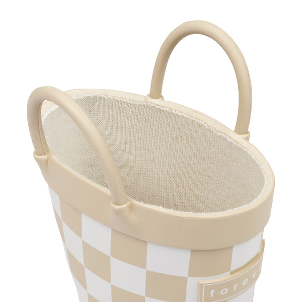 Detail view of tan and white checkered children's rain boots with with pull handles for easy slip on and soft lining on a white background.