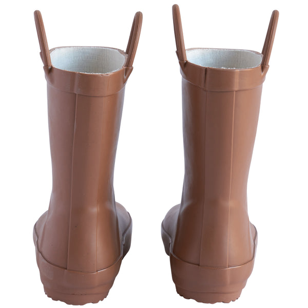 Back view of a pair of chocolate colored rain boots for children. Showing pull handles for easy slip on.