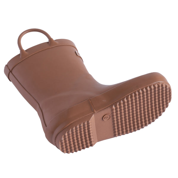 Detail image of chocolate colored children's rain boot focusing on the sole with texture and size stamped into the bottom.