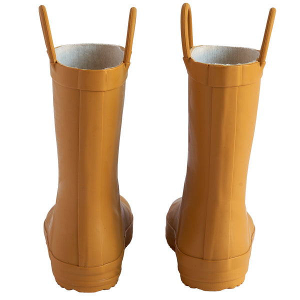 Back view of a pair of golden colored rain boots for children. Showing pull handles for easy slip on.