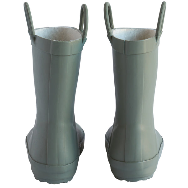Sage rain boots for children back view of a pair. stamped "Forever Young" on the front of the boots with pull handles for easy slip on.