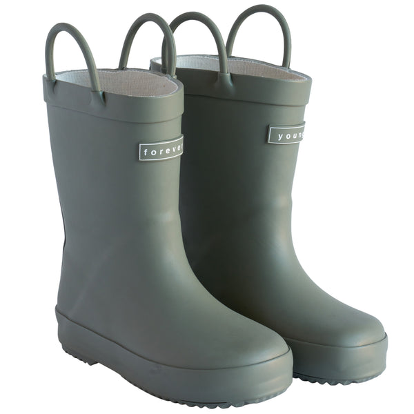 Sage rain boots for children front 3/4 view of a pair. Stamped "Forever Young" on the front of the boots with pull handles for easy slip on.