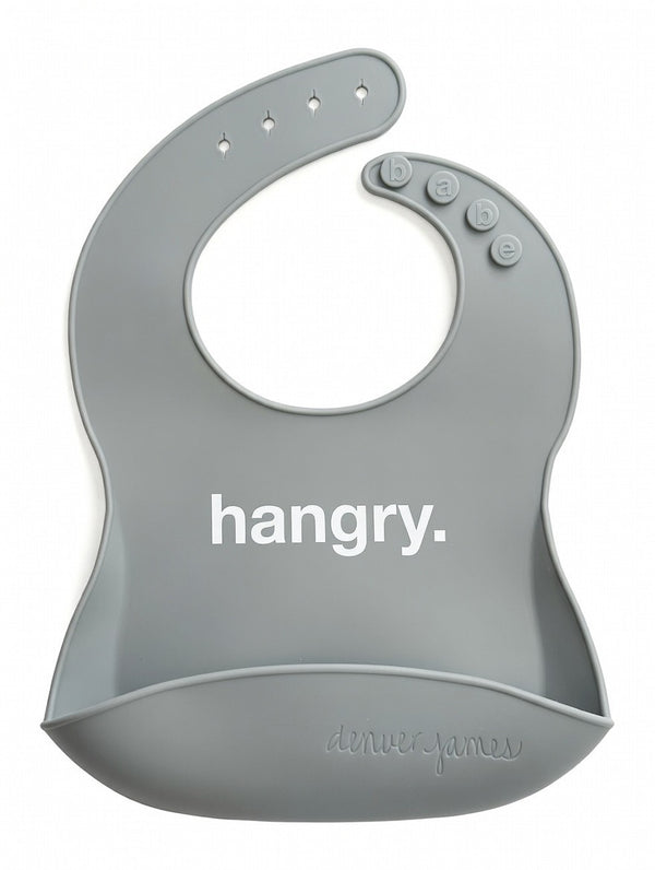 Front View of a grey silicone food catcher bib with 'hangry.' text on a white background.