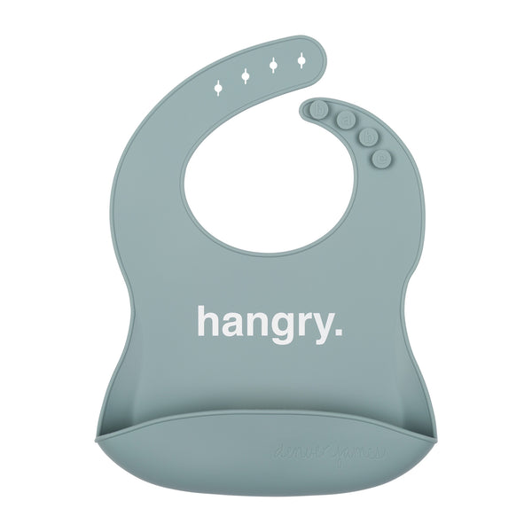 Front View of a blue/grey silicone food catcher bib with 'hangry.' text on a white background.