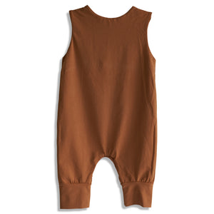Back view of a brown baby romper on a white background with shadows. 