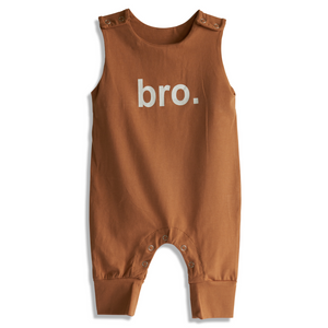 Brown baby romper with 'bro.' print on a white background