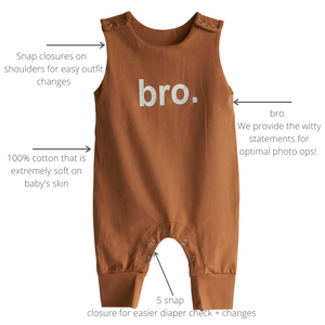 brown baby romper with 'bro.' text that also has descriptions with arrows pointing to the Rompers features. 