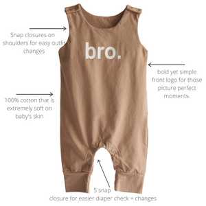 Baby Romper in tan showing details of build and says 'bro.' on the front. 