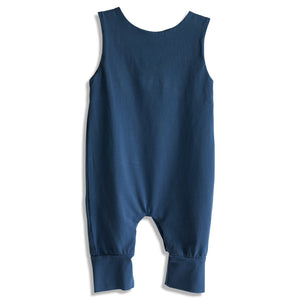Back view of a blue baby romper