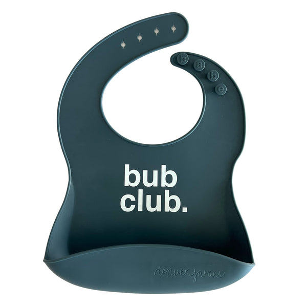 Front view of a dark green silicone food catcher baby bib with 'bub club' text on a white background