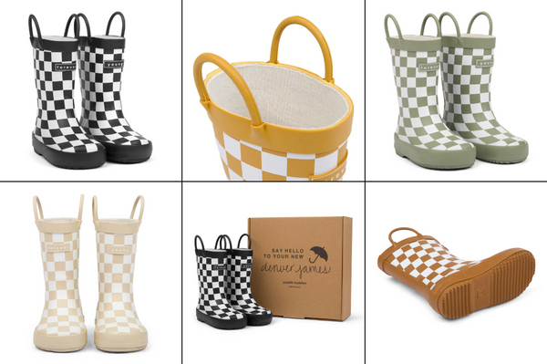 Variety of checkered kids rain boots on white background. 