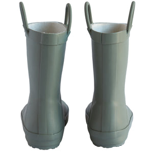 Sage rain boots for children back view  of a pair. stamped "Forever Young" on the front of the boots with pull handles for easy slip on. 