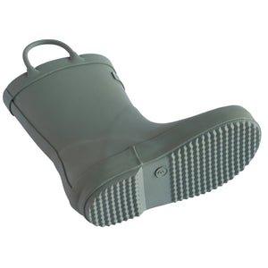 Detail shot of sage colored children's rain boot focusing on the sole tread pattern with size stamped into the bottom. 