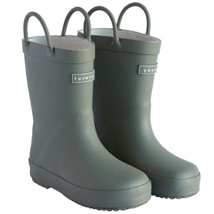 Sage rain boots for children front 3/4 view  of a pair. Stamped "Forever Young" on the front of the boots with pull handles for easy slip on. 