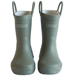 Sage rain boots for children front view  of a pair. stamped "Forever Young" on the front of the boots with pull handles for easy slip on. 