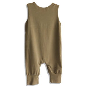 Back view of an army green baby romper on white background. 