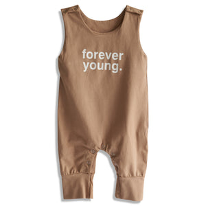 Brown baby romper with 'forever young.' text on a white background