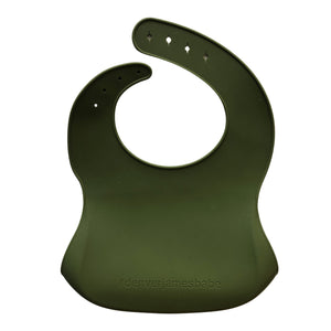 Back view of a bright green silicone bib on a white background with '#denverjamesbabe' text.