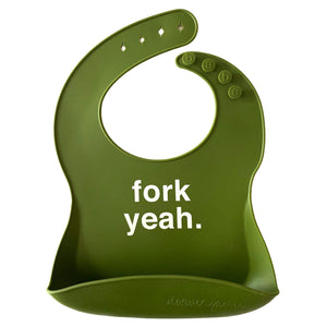 Front View of a bright green silicone food catcher bib with 'fork yeah.' text on a white background.