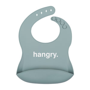 Front View of a blue/grey silicone food catcher bib with 'hangry.' text on a white background.