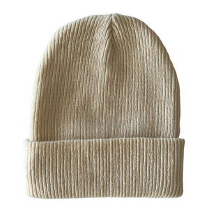 back view of a cream colored kids beanie on a white background