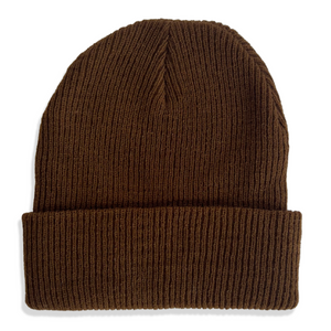 back view of a dark brown kids beanie on a white background. 