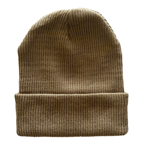 kids light brown beanie on white background back view. 