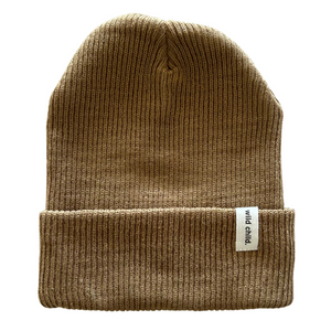 Light Brown | kids beanie on white background with 'wild child' tag. 