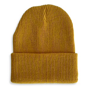 back view of a mustard colored kids beanie on a white background. 