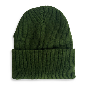 Back view of an olive colored kids beanie on a white background. 