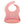 Front view of a  Pink silicone food catcher bib with a smiley face design on a white background