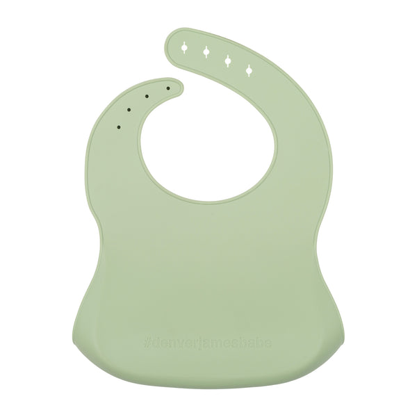 Back View of a light green silicone food catcher bib on a white background.