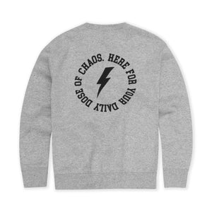 back of kids grey sweatshirt that says 'here for your daily dose of chaos'. 
