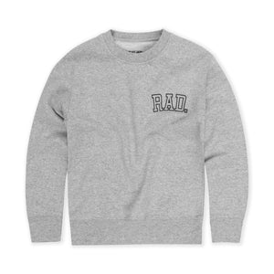 Front view of a kids Gray sweatshirt with 'RAD.' text on a white background