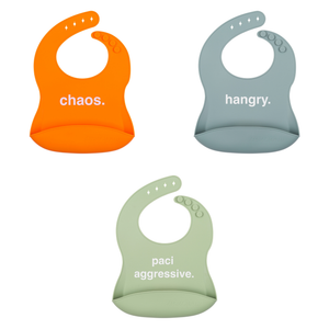 Three colorful bibs with text on a white background