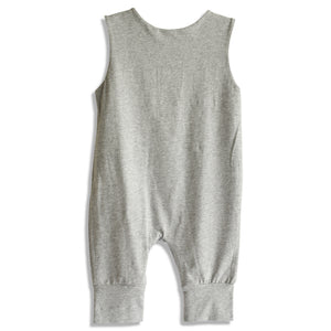 Back view of a grey baby romper on white background. 
