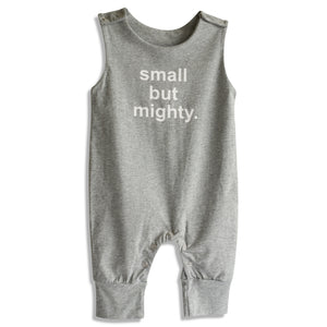 Gray baby romper with 'small but mighty.' text on a white background