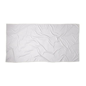 an overhead shot of the back of a stone or white colored microfiber beach towel showing the texture of the fabric and the rectangular dimensions of the towel. there is nothing printed on the back, it is a solid color.