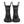 Front view of a pair of black colored rain boots for children. Showing pull handles for easy slip on and tags that say 