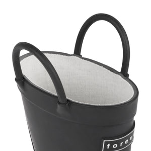 Detail view of Black children's rain boots with with pull handles for easy slip on and soft lining on a white background. 