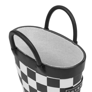 Detail view of Black and white checkered children's rain boots with with pull handles for easy slip on and soft lining on a white background. 