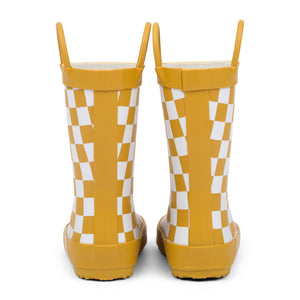 Back view of golden and white checkered children's rain boots on a white background.