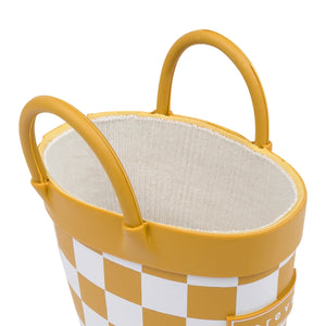 Detail view of golden and white checkered children's rain boots with with pull handles for easy slip on and soft lining on a white background. 