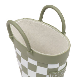 Detail view of green and white checkered children's rain boots with with pull handles for easy slip on and soft lining on a white background. 