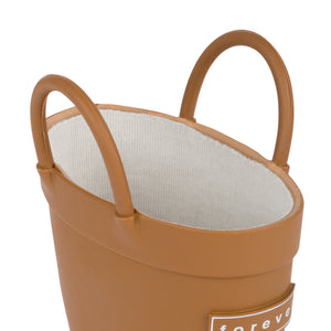 Detail image of chocolate colored children's rain boot focusing on the interior and the pull handles on a white background. 